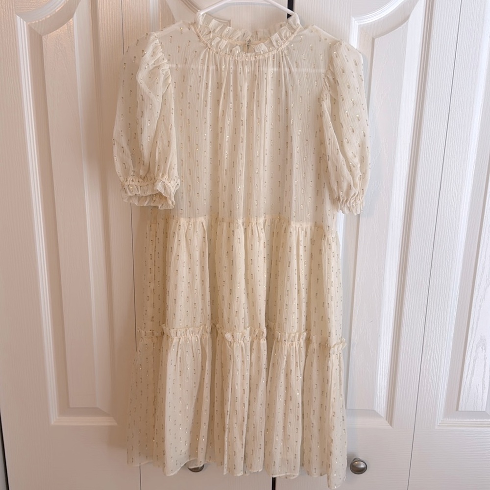 Ulla Johnson Dhalia Dress Sz 2 Blanc White Metallic Gold Silk Cotton Tiered